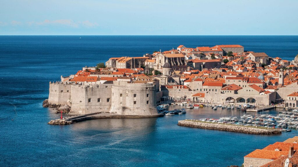 Panoramic view of Dubrovnik city walls and the Adriatic Sea, Croatia's top tourist destination. 