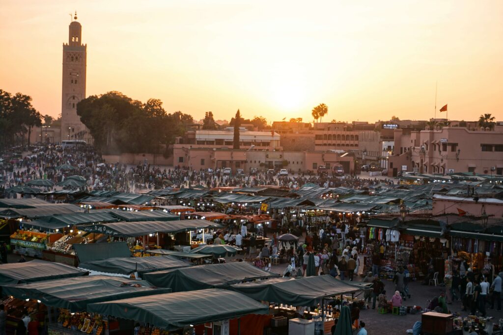 Jemaa el-Fna Square in Marrakech with street performers and food vendors. One of Most exceptional destinations in Africa